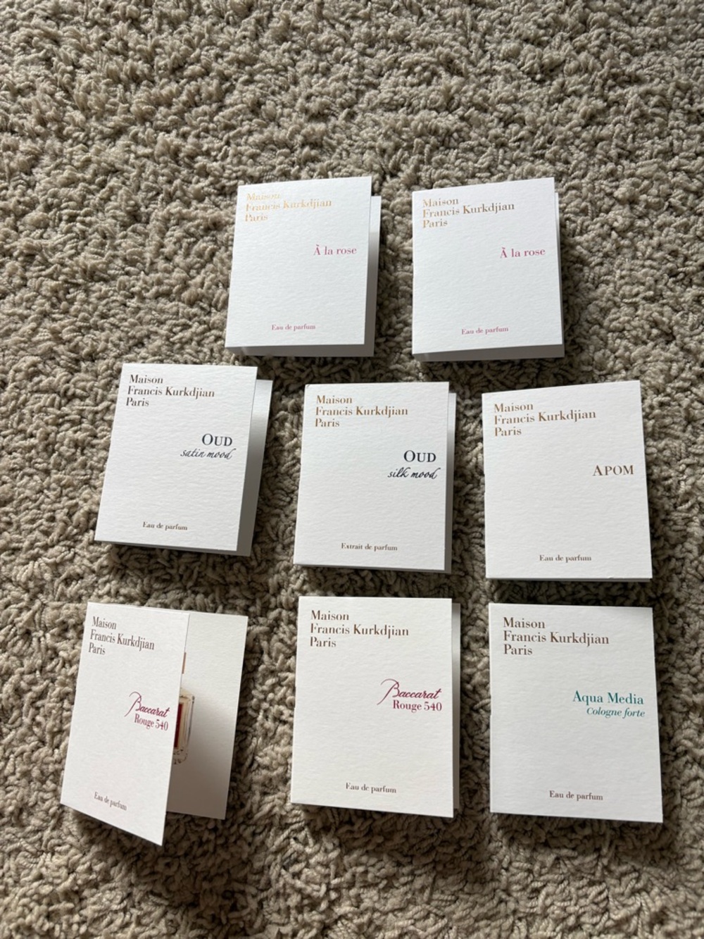 Maison Francis Kurkdjian Fragrance Sample Lot Of 8 Oud Silk Mood, Baccarat Rouge